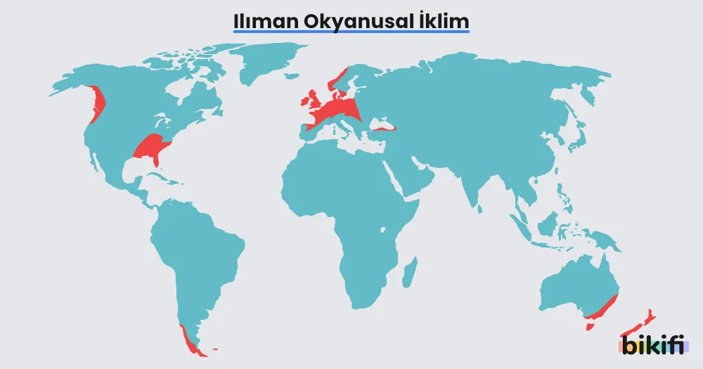 Ilıman okyanusal iklimin dünya üzerinde görüldüğü alanlar