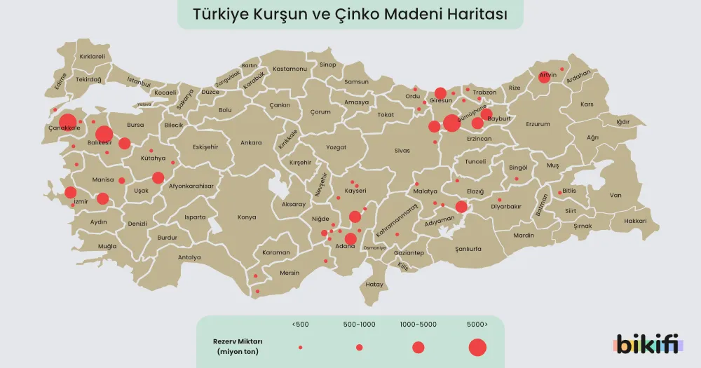 Kurşun ve çinko madeninin çıkarıldığı yerler
