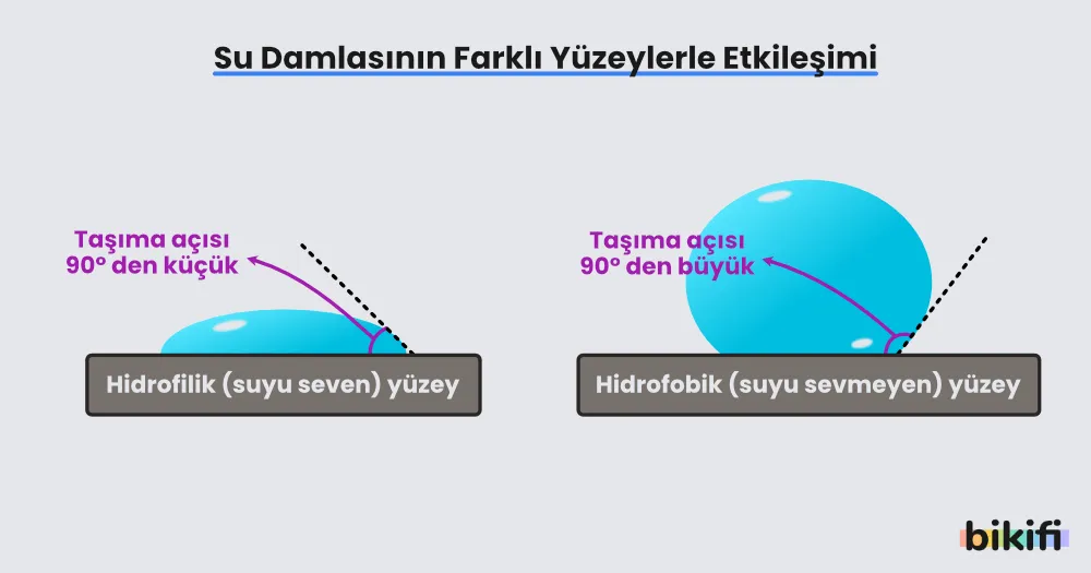 hidrofobik ve hidrofilik yuzeylerdeki su damlaları